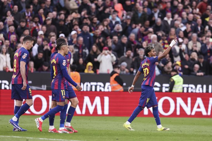 Lamine Yamal of FC Barcelona celebrates a goal during the Spanish league, LaLiga EA Sports, football match played between FC Barcelona and Villarreal CF at Spotify Camp Nou stadium on February 28, 2026 in Barcelona, Spain.