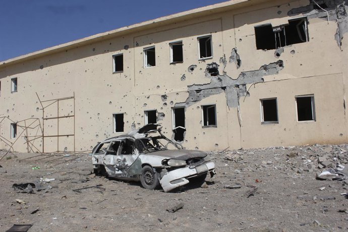 KANDAHAR, Feb. 28, 2026  -- A damaged building and a shattered car are seen at a temporary camp following a strike in Kandahar province, Afghanistan, Feb. 28, 2026. Three Afghan returnees lost their lives and seven others were injured after Pakistani forc
