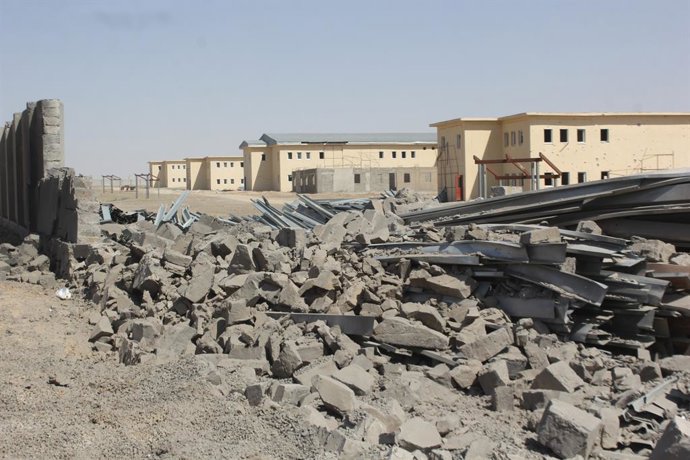 KANDAHAR, Feb. 28, 2026  -- Debris of damaged buildings are seen at a temporary camp following a strike in Kandahar province, Afghanistan, Feb. 28, 2026. Three Afghan returnees lost their lives and seven others were injured after Pakistani forces struck a