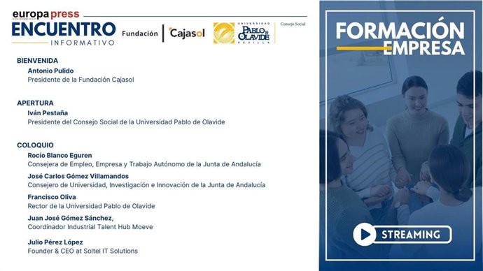 Cartel anunciador del encuentro informativo 'Formación y Empresa' organizado por Europa Press Andalucia en Sevilla el lunes 2 de marzo de la mano de la Universidad Pablo de Olavide (UPO) y la Fundación Cajasol