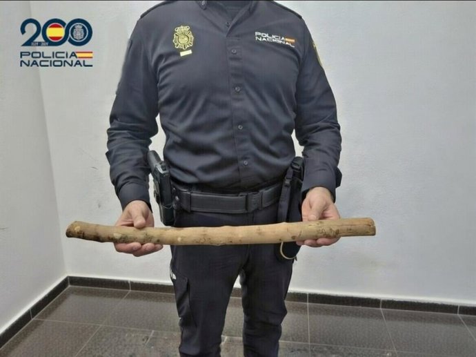 Un agente de la Policía Nacional con el palo intervenido al detenido en Son Canals.