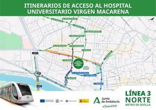 Imagen de los itinerarios de acceso al Hospital Universitario Virgen Macarena por las obras de la Línea 3 del Metro.