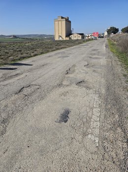 Estado de la HU-831 que sirve de acceso a la localidad oscense de Castejón de Monegros (Huesca) desde la A-230.