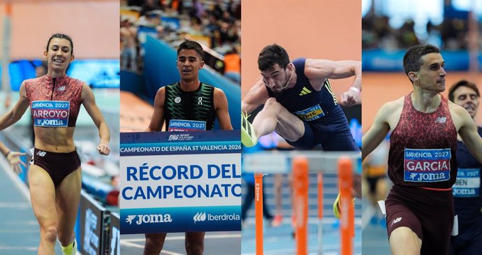 Rocío Arroyo, Mohamed Attaoui, Quique Llopis y Mariano García en el Campeonato de España de atletismo en pista corta de Valencia