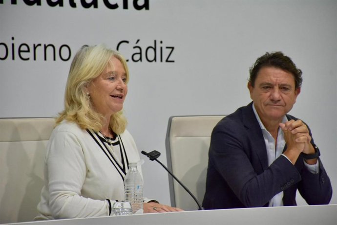 Archivo - La delegada de la Junta en Cádiz, Mercedes Colombo, y el delegado territorial de Empleo en la provincia de Cádiz, Daniel Sánchez, en una rueda de prensa.  ARCHIVO.