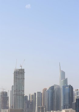 This photo taken on March 1, 2026 shows a view of the sky over Dubai, the United Arab Emirates (UAE). The UAE Ministry of Defense said on Saturday that its air defense systems had intercepted and destroyed a new wave of Iranian missiles and drones.