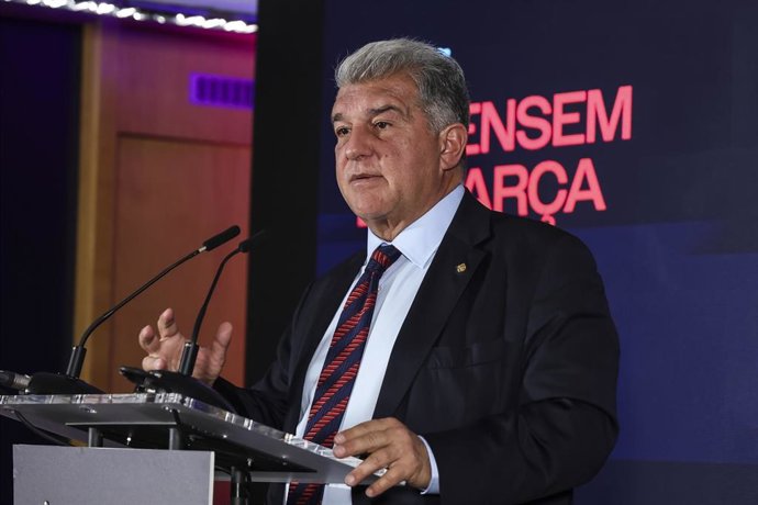 Joan Laporta attends the press conference during the presentation of his candidacy for the presidency of FC Barcelona with the ‘Defensem el Barça’ platform at Sede ‘Defensem el Barça’ on February 17, 2026 in Barcelona, Spain.