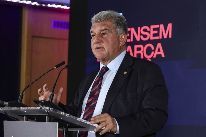 Joan Laporta attends the press conference during the presentation of his candidacy for the presidency of FC Barcelona with the ‘Defensem el Barça’ platform at Sede ‘Defensem el Barça’ on February 17, 2026 in Barcelona, Spain.