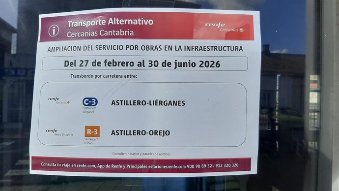 Cartel ampliación de transbordos por obras de duplicación de la vía entre Orejo y Astillero