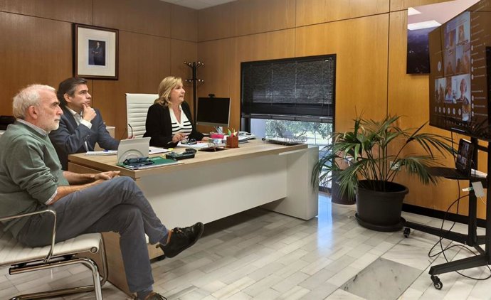 La viceconsejera de Agricultura, Pesca, Agua y Desarrollo Rural, Consolación Vera, junto al director general de Pesca, Acuicultura y Economía Azul, Carlos Aldereguía durante una reunión telemática con representantes del sector pesquero andaluz.