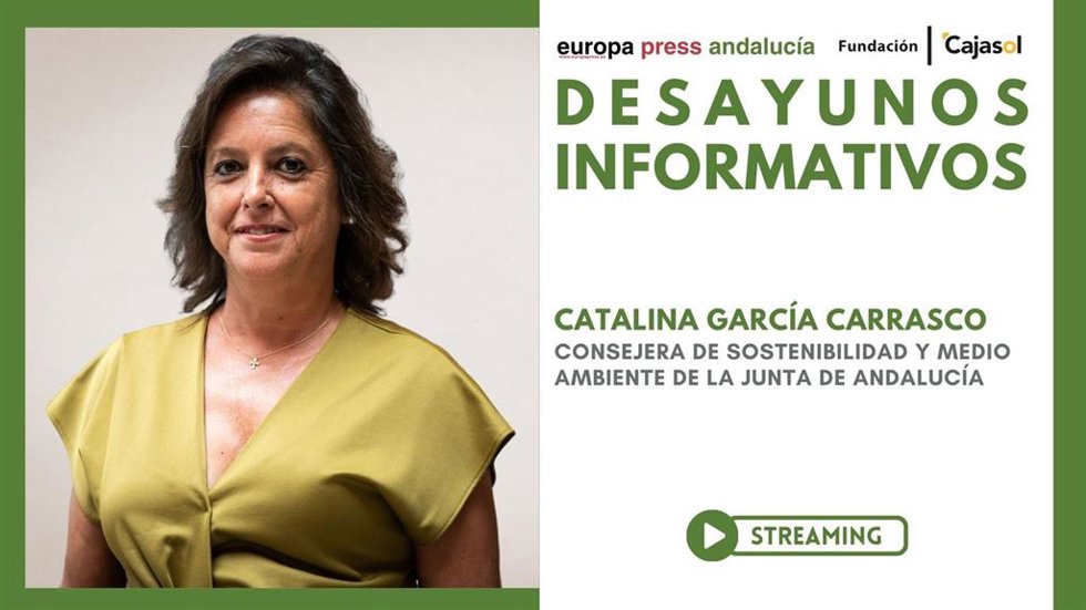 Cartel anunciador del desayuno informativo de Europa Press Andalucía con la consejera de Sostenibilidad y Medio Ambiente de la Junta, Catalina García, el martes 3 de marzo en Sevilla