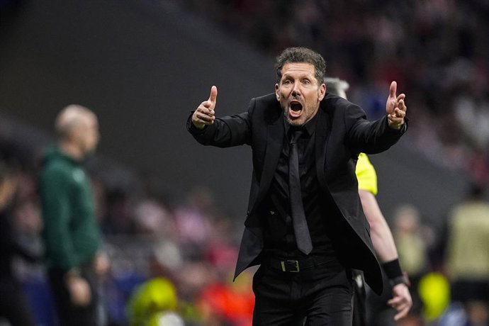 Diego Simeone, head coach of Atletico de Madrid, gestures during the UEFA Champions League 2025/26 KO play-offs Second Leg match between Atletico de Madrid and Club Brugge KV at Riyadh Air Metropolitano on February 24, 2026, in Madrid, Spain.