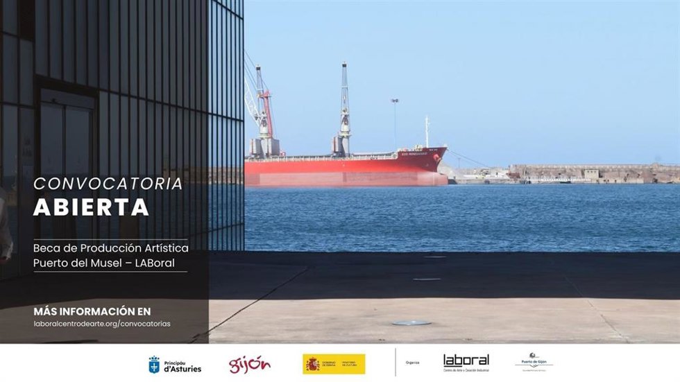 Cartel anunciador de la convocatoria de la Beca de Producción Artística Puerto del Musel  LABoral(Gijón).