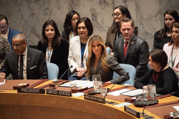 March 2, 2026, New York, United States: Melania Trump, First Lady of the United States, during the United Nations Security Council meeting on Peace Through Education on Monday, March 02 2026 in New York, New York, USA. First Lady Melania Trump chairs the 