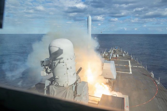 March 1, 2026, Uss Spruance, United States: The U.S Navy Arleigh Burke-class guided-missile destroyer USS Bulkeley launches a Tomahawk Land Attack Missile in support of Operation Epic Fury, February 28, 2026 from an undisclosed location. Operation Epic Fu