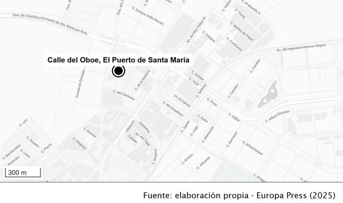 Ubicación de la calle del Oboe, donde se ha incendiado una residencia de Afanas en El Puerto de Santa María (Cádiz)