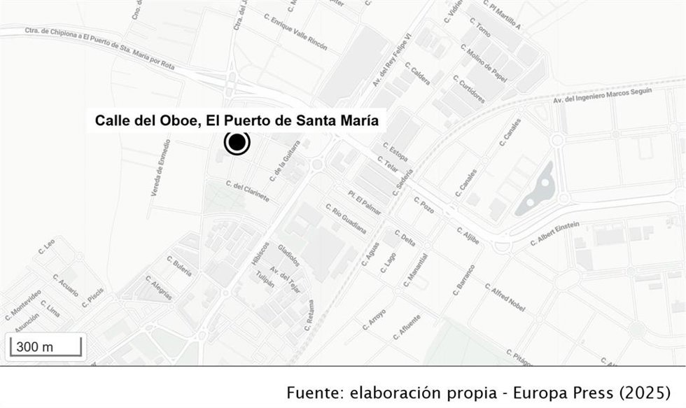 Ubicación de la calle del Oboe, donde se ha incendiado una residencia de Afanas en El Puerto de Santa María (Cádiz)