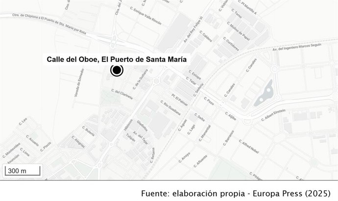 Ubicación de la calle del Oboe, donde se ha incendiado una residencia de Afanas en El Puerto de Santa María (Cádiz)
