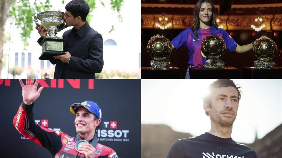 El tenista español Carlos Alcaraz (arriba izquierda), la futbolista Aitana Bonmatí, el piloto de MotoGP Marc Márquez y el deportista Kilian Jornet.