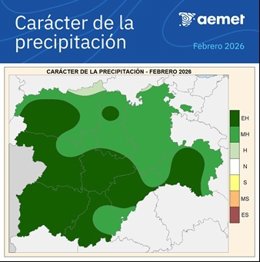 Mapa elaborado por la Aemet sobre el carácter de la precipitación en el mes de febrero de 2026