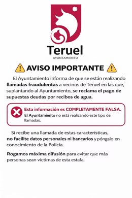 El Ayuntamiento de Teruel alerta de llamadas fraudulentas que reclaman el pago de deudas por recibos de agua