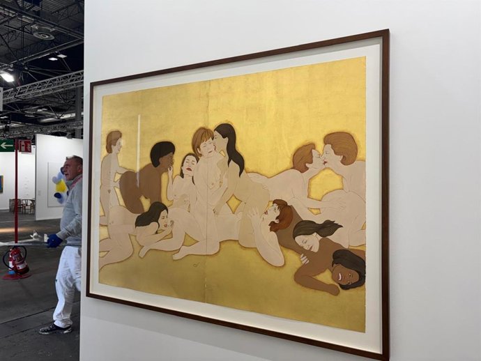 La obra 'Pan, trabajo, libertad', de la artista afgana Kubra Khademi, que ha pintado desnudas a líderes políticas mundiales como Usula Von der Leyen, Agela Merkel, Hillary Clinton. En la feria de arte contemporáneo ARCO