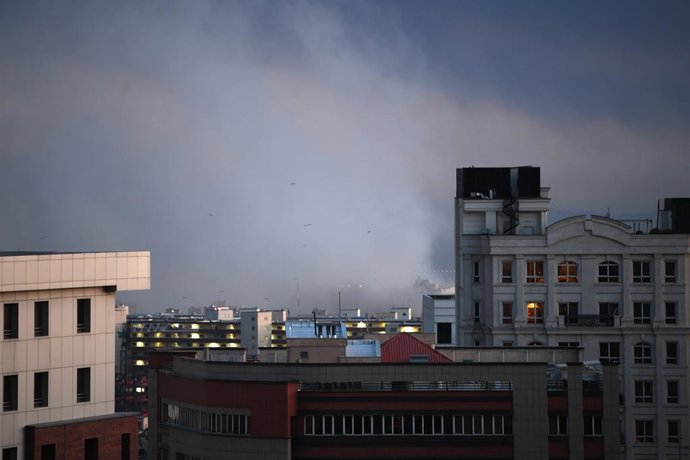TEHRAN, March 3, 2026  -- This photo taken on March 3, 2026 shows smoke rising after explosions heard in Tehran, Iran. The Israeli military said Tuesday in a statement that it has begun a "large-scale wave" of strikes targeting Iran's state infrastructure