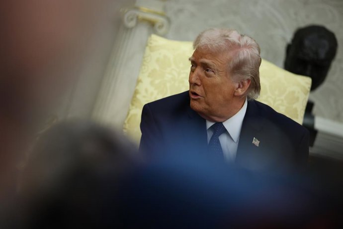 March 3, 2026, Washington, District Of Columbia, USA: U.S. President Donald Trump speaks during a bilateral meeting with German Chancellor Friedrich Merz in the Oval Office at the White House on March 3, 2026 in Washington, D.C. Trump is meeting with the 