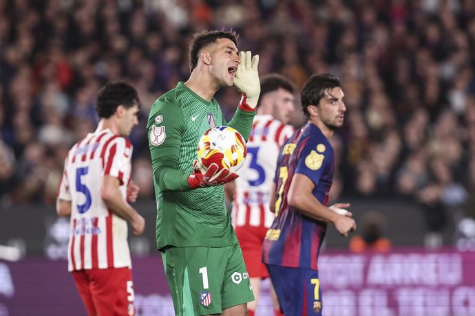 Juan Musso of Atletico de Madrid reacts during the Spanish Cup, Copa del Rey, football match Semifinal Second Leg played between FC Barcelona and Atletico de Madrid at Spotify Camp Nou stadium on March 03, 2026 in Barcelona, Spain.