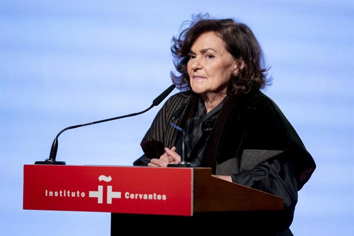 La presidenta del Consejo de Estado, Carmen Calvo, durante la recepción de los legados ‘in memoriam’ de Clara Campoamor, Victoria Kent y Elena Fortún, en la Caja de las Letras del Instituto Cervantes, a 4 de marzo de 2026, en Madrid (España). El Instituto