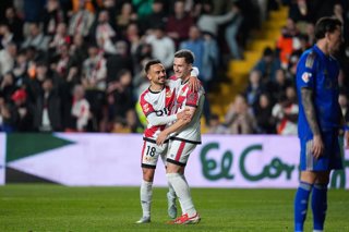 Alvaro Garcia of Rayo Vallecano celebrates a goal with Jorge de Frutos of Rayo Vallecano during the Spanish League, LaLiga EA Sports, football match played between Rayo Vallecano and Real Oviedo at Estadio de Vallecas on March 4, 2026, in Madrid, Spain.