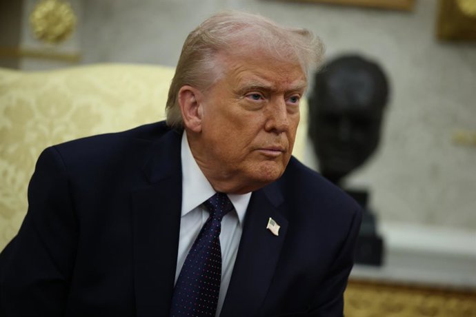 March 3, 2026, Washington, District Of Columbia, USA: U.S. President Donald Trump speaks during a bilateral meeting with German Chancellor Friedrich Merz in the Oval Office at the White House on March 3, 2026 in Washington, D.C. Trump is meeting with the 