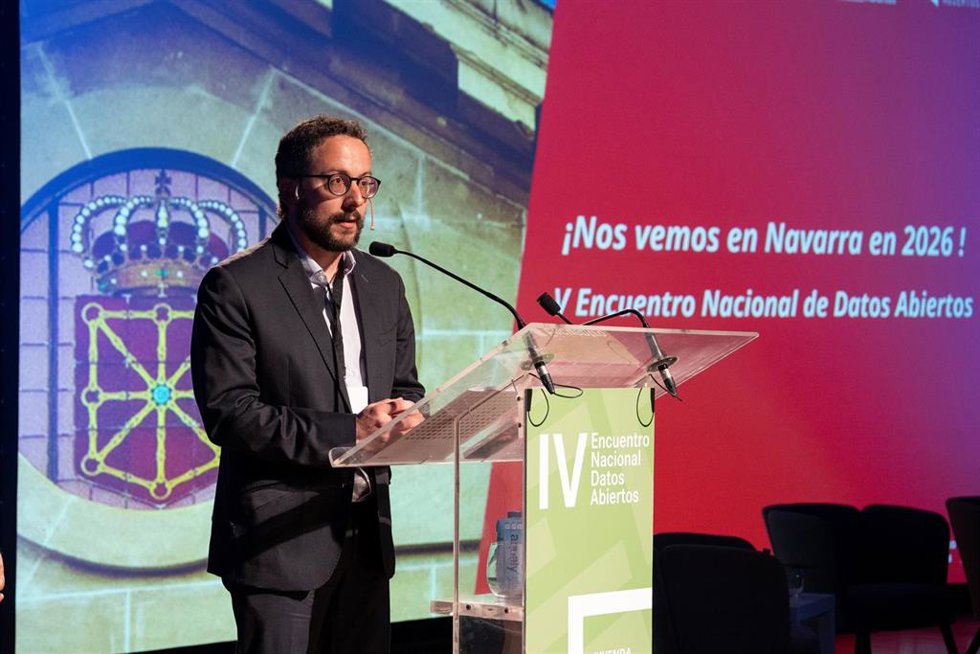 Joseba Asiáin, director general de Presidencia, Gobierno Abierto y Relaciones con el Parlamento de Navarra, en la clausura del último encuentro estatal de datos abiertos.