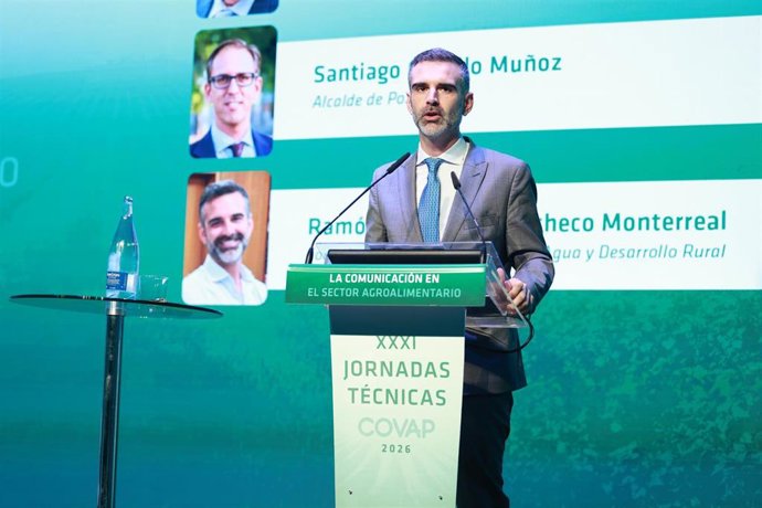 El consejero de Agricultura, Pesca, Agua y Desarrollo Rural de la Junta de Andalucía, Ramón Fernández-Pacheco, interviene en la inauguración de las XXXI Jornadas Técnicas Covap 2026, que se celebran en Pozoblanco (Córdoba).