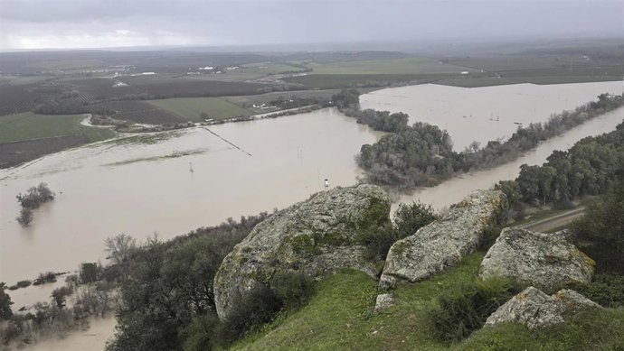 El río Guadalquivir se desborda a su paso por Almodóvar del Río. A 6 de febrero de 2026 en Córdoba (Andalucía, España). 