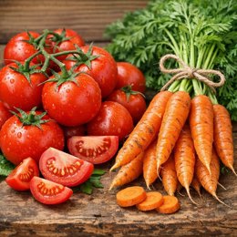 Tomates y zanahorias en imagen de recurso.