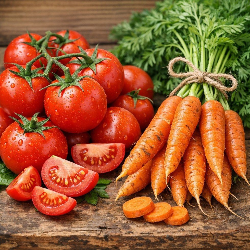 Tomates y zanahorias en imagen de recurso.