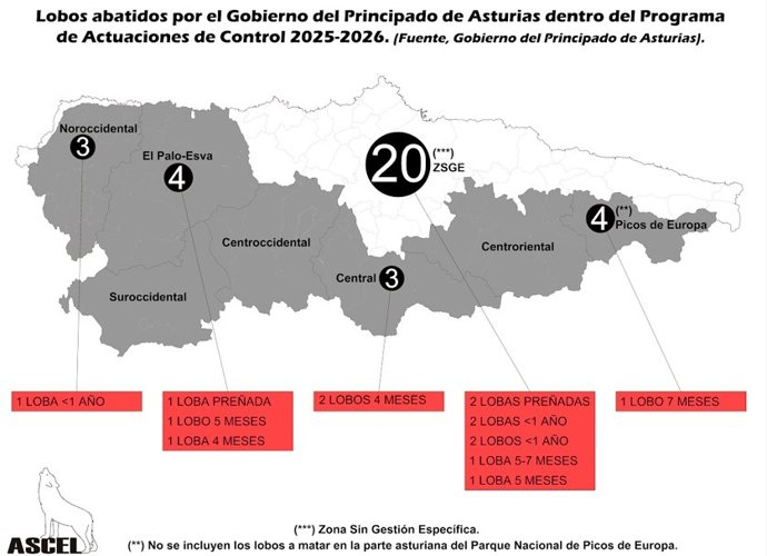 Infografía con lobos abatidos en Asturias
