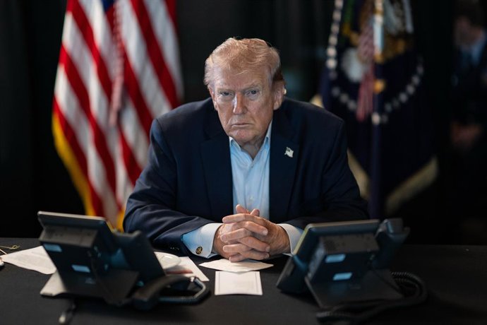 March 4, 2026, Palm Beach, Fl, United States of America: U.S. President Donald Trump, looks on during a meeting with his advisors after launching Operation Epic Fury targeting Iran his resort of Mar-a-Lago, February 28, 2026 in Palm Beach, Florida.