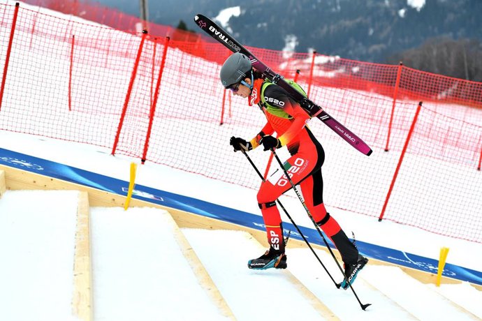 February 22, 2025, Bormio, Milan, Italy: GARCIA FARRES Marta (ESP) Uphill on foot  during  ISMF World Cup - Ski Mountaineering, Ski Mountaineering race in Bormio, Italy, February 22 2025