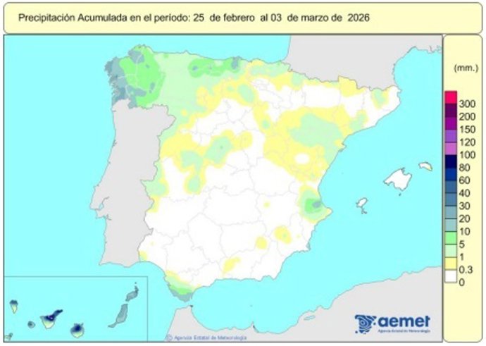 España registra 465 l/m2 de lluvias acumuladas desde el 1 de octubre, un 33% más de lo normal.