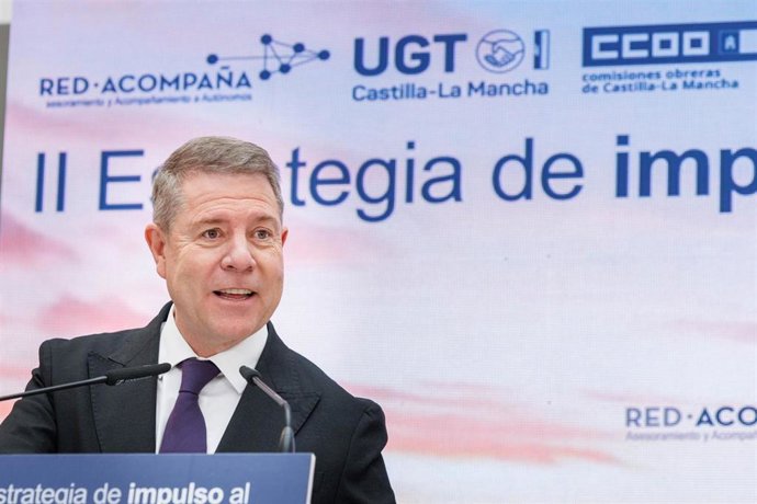El jefe del Gobierno regional, Emiliano García-Page, presenta la II Estrategia de Impulso al Trabajo Autónomo 2026-2030.