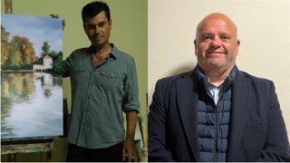 El cartelista de la Feria de Alcalá de Guadaíra, César Pecellín, y el pregonero, Jaime Otero.