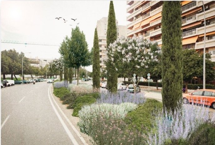 Recreación de la avenida Presidente Adolfo Suárez de Sevilla tras las obras de reajardinamiento