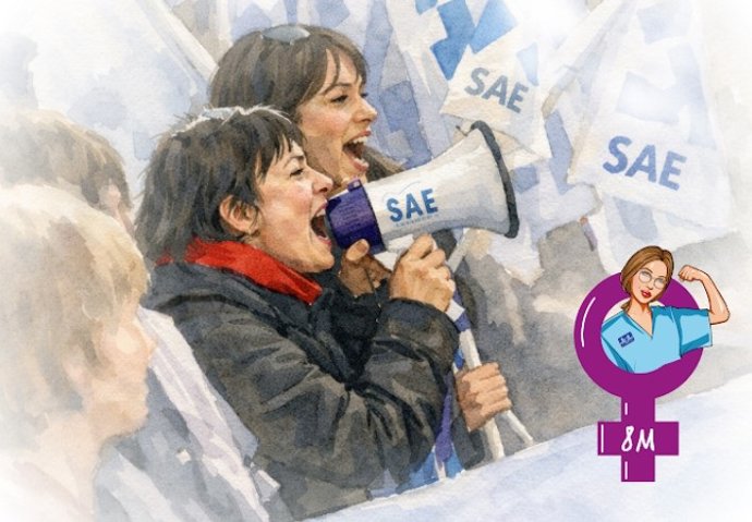 Detalle del cartel de técnicos sanitarios por el 8M.