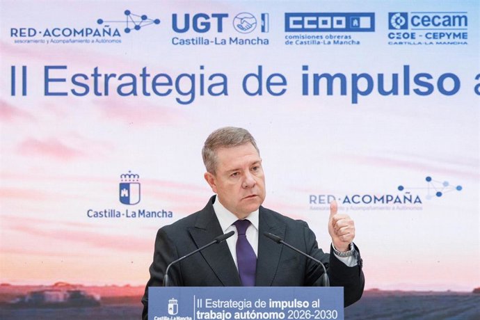 El jefe del Gobierno regional, Emiliano García-Page, presenta la II Estrategia de Impulso al Trabajo Autónomo 2026-2030.