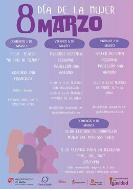 Cartel de las actividades programadas por el Ayuntamiento de Ávila con motivo del 8M.