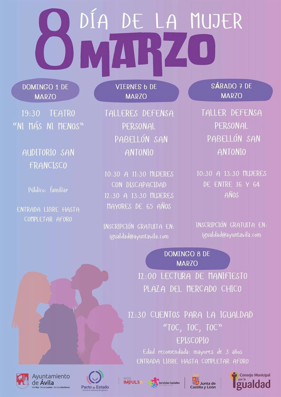 Cartel de las actividades programadas por el Ayuntamiento de Ávila con motivo del 8M.