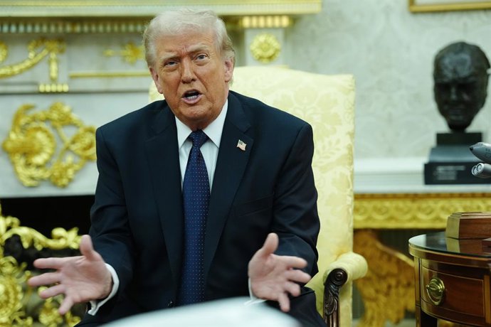 03 March 2026, US, Washington: US President Donald Trump speaks during a meeting with German Chancellor Merz at the White House. Photo: Kay Nietfeld/dpa