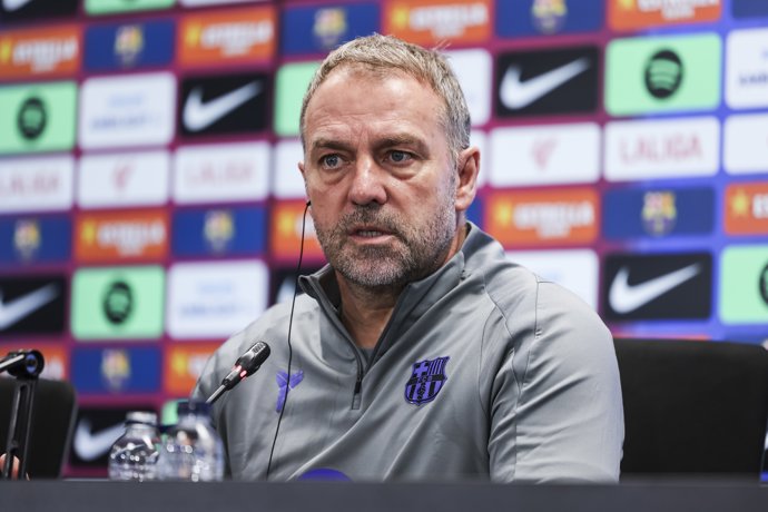 Hansi Flick, head coach of FC Barcelona, attends his press conference during the training day of FC Barcelona ahead the Spanish League, LaLiga EA Sports, football match against Athletic Club at Ciudad Esportiva Joan Gamper on March 06, 2026 in Sant Joan D